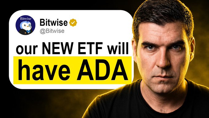 The image shows a man with a serious expression alongside a tweet from Bitwise (@Bitwise) reading "our NEW ETF will have ADA," visually promoting the news that Bitwise has filed a 10-Crypto ETF that includes Cardano (ADA). The bold highlighting of "have ADA" emphasizes the inclusion of the Cardano cryptocurrency in the new fund.