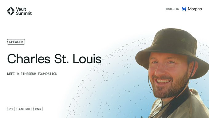 The image features a man wearing a hat with the name "Charlie St Louis" written on it. The text "Ethereum is the settlement layer for DeFi, stablecoins, and an expanding share of institutional onchain activity." is displayed below him. The image also includes a link to a website that says "Vault Summit NYC".