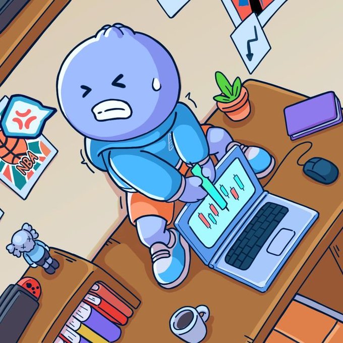 An illustration of a purple cartoon character looking stressed while looking at a laptop displaying a downward-trending candlestick chart, in a room with various objects.