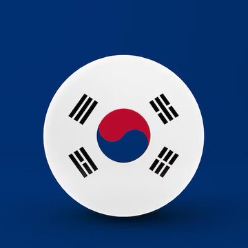 Circular icon merging the South Korean flag (Taegeuk and trigrams) with a stylized symbol, set against a dark blue background.