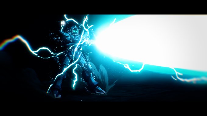 The image depicts a powerful mecha robot unleashing a massive, crackling energy beam surrounded by vibrant blue lightning against a dark background, symbolizing Studio Mirai's steadfast energy and unwavering commitment to the Sui ecosystem through both its lows and highs.