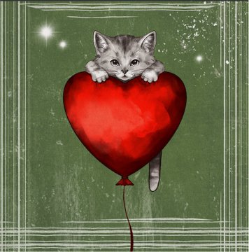 An illustration of a gray tabby kitten peeking over the top of a large red heart-shaped balloon against a green textured background.