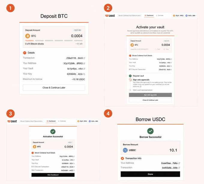A 4-step tutorial screenshot for Zest showing how to deposit BTC, activate a Bitcoin Collateral Vault, and borrow USDC.