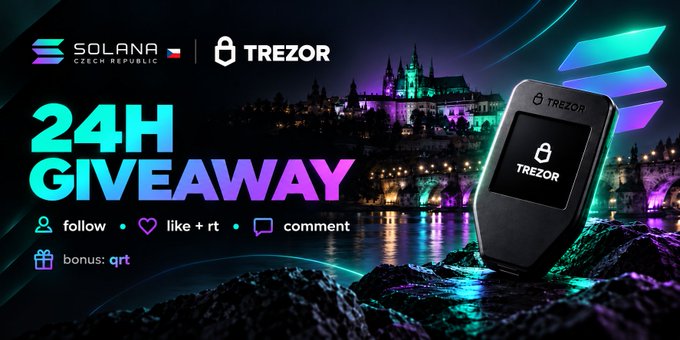 A neon promotional banner for “SOLANA CZECH REPUBLIC” and “TREZOR” reads “24H GIVEAWAY,” “follow • like + rt • comment,” and “bonus: qrt,” showing a Trezor device against a nighttime castle scene.
