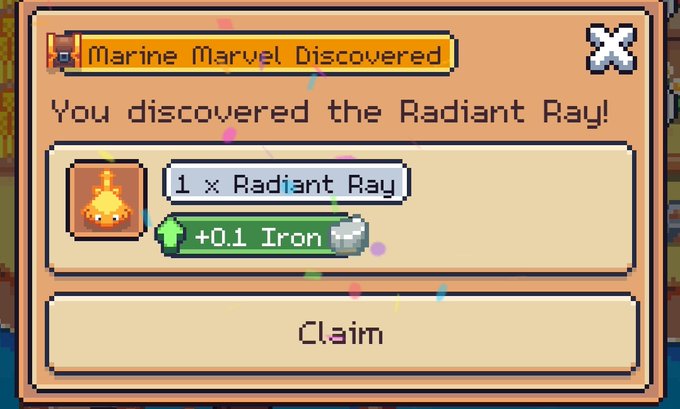 A pixel-art game notification titled 'Marine Marvel Discovered' shows the player has found 1x Radiant Ray (+0.1 Iron) and can press the 'Claim' button.