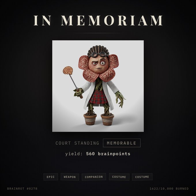 A memorial graphic titled 'IN MEMORIAM' displays a surreal 3D character with a head resembling a brain, a lab coat, and plant-like limbs, with text reading 'COURT STANDING', 'MEMORABLE', and 'yield: 560 brainpoints'.
