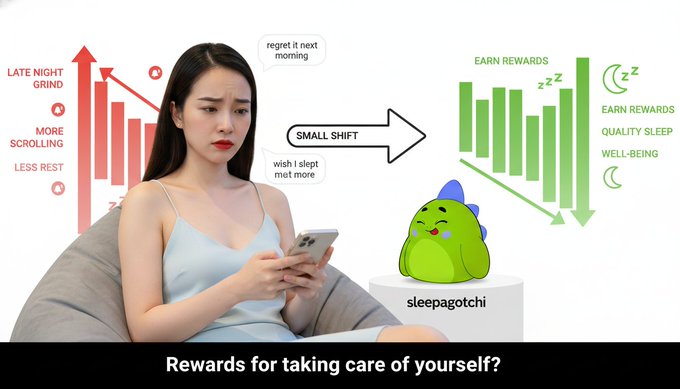The image features a woman sitting down with her phone, possibly texting or browsing social media. She appears to be engaged in an activity that involves her phone, such as checking messages or looking at pictures. The background of the image includes a cartoon character named Sleepagotchi who is depicted as a green frog. This character seems to be promoting the idea of taking care of oneself by rewarding users with points for hitting their sleep goals. The woman in the image might be interested in this concept and could potentially use it to improve her sleep habits or engage with the character's message.