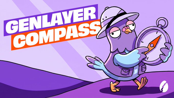 A purple cartoon bird explorer wearing a hat holds a compass alongside the bold text "GENLAYER COMPASS," visually symbolizing GenLayer's role as a navigational guide for the AI × Crypto agentic economy, with the campaign promoting Rally protocol on GenLayer.