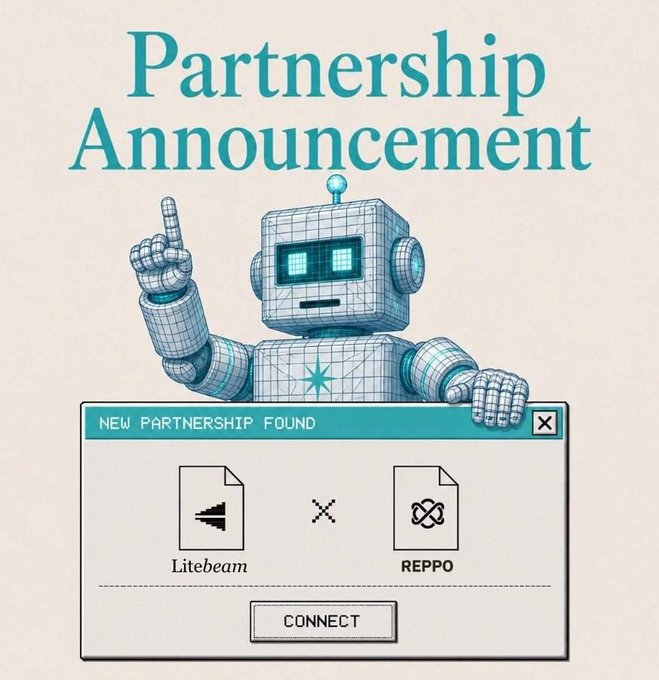 The image features a robot with arms, as well as a computer screen displaying a message about partnership announcements. The text "partnership announcement" is written above the robot's head, while the words "Litebeam" are displayed below the robot. The robot appears to be pointing at something on the screen, possibly indicating that it has found new partners or information related to the partnership announcements.