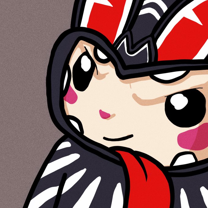 A stylized cartoon illustration of a character with large anime-style eyes, a red and black striped hood, and pink cheek blush, set against a muted brown backdrop.