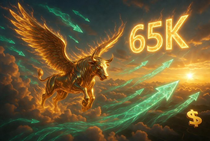 A winged golden bull soars through fiery clouds towards a luminous "65K", symbolizing Bitcoin's ascent fueled by favorable macro conditions and ETF inflows. The image visually represents the bullish sentiment and upward trajectory mentioned in the accompanying post.