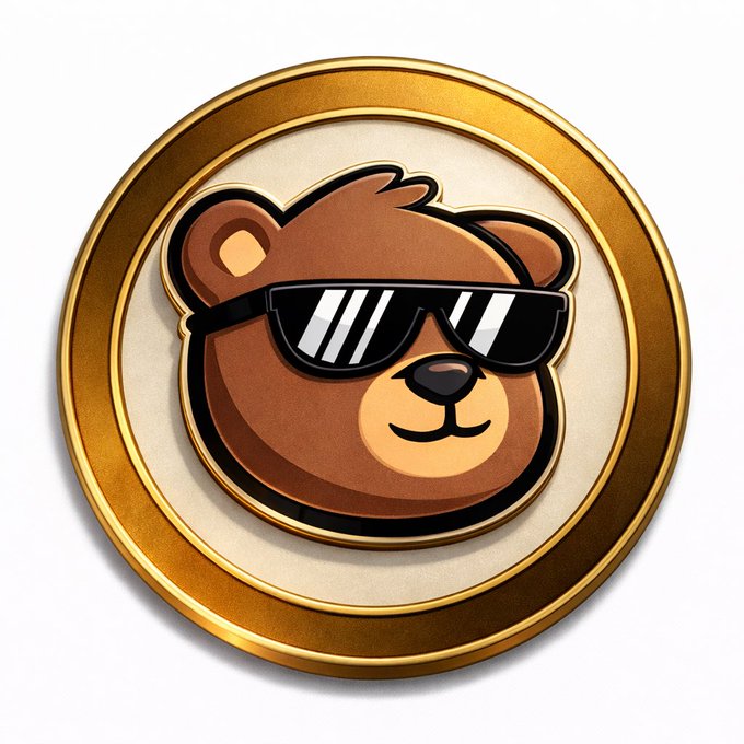 A cartoon illustration of a brown bear wearing black sunglasses, set inside a gold circular frame against a white background.