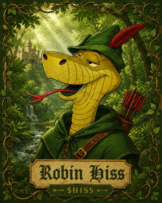 A fantasy-style poster illustration of an anthropomorphic snake dressed as Robin Hood in green attire with a feathered cap and a quiver of red-fletched arrows, with text reading 'Robin Hiss' and '$HISS' on a banner at the bottom.