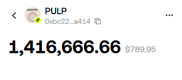 A cryptocurrency wallet screen showing a PULP token balance of 1,416,666.66 with a value of $789.95.