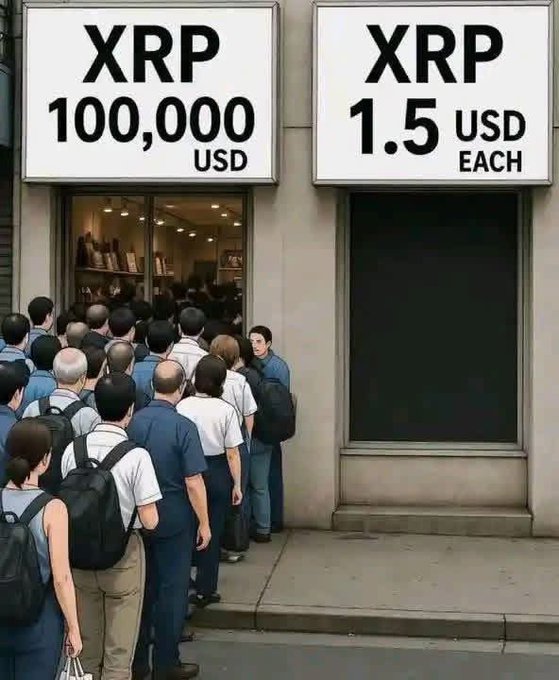 A long line of people waits outside a store with two signs reading "XRP 100,000 USD" and "XRP 1.5 USD EACH," illustrating the potential massive return on early investment in XRP cryptocurrency, reinforcing the post's message to keep holding and buying XRP before its anticipated price surge.