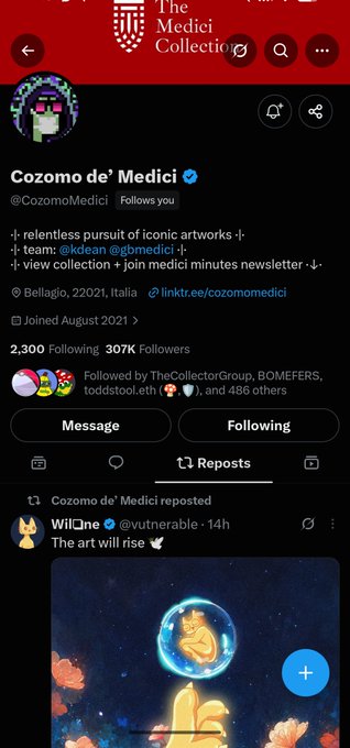 A Twitter/X profile page for @CozomoMedici, the verified NFT artist account associated with 'The Medici Collection', showing 2,300 Following and 307K Followers.