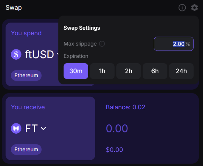 A "Swap Settings" pop-up on the Flying Tulip interface, configured with a 2.00% max slippage and 30-minute expiration, overlays a screen showing a swap from ftUSD to FT on Ethereum with a balance of 0.02.