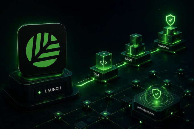 A green neon-lit 3D graphic depicting a blockchain/crypto ecosystem with a 'LAUNCH' node connected to 'TEST', 'GROW', 'SOVEREIGN', and 'SHARED SECURITY' blocks in a futuristic dark setting.