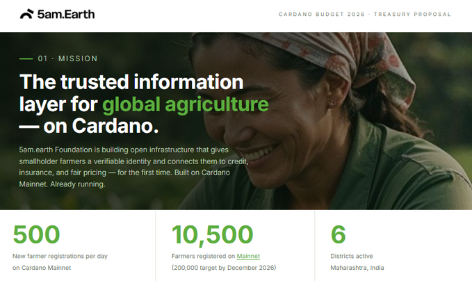 The image features a website with a woman's face, which appears to be smiling at the camera. The text on the website reads "The trusted information layer for global agriculture - on Cardano". This suggests that the website might be promoting or discussing the use of Cardano in the agricultural industry.