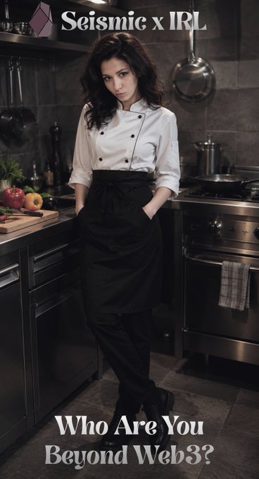 A promotional image for 'Seismic x IRL' featuring a woman in a chef's outfit in a kitchen, with the tagline 'Who Are You Beyond Web3?'