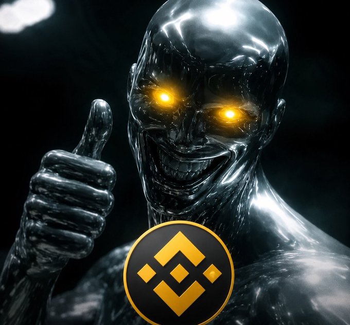 A menacing chrome figure with glowing yellow eyes gives a thumbs-up while displaying the Binance (BNB) logo on its chest. The eerie, futuristic aesthetic complements the post's excitement about "#bnb szn" and the $BROCCOLI token associated with @cz_binance.