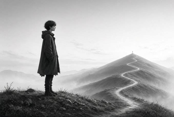 Black and white illustration of a person in a long coat standing on a misty hilltop overlooking a winding mountain path.