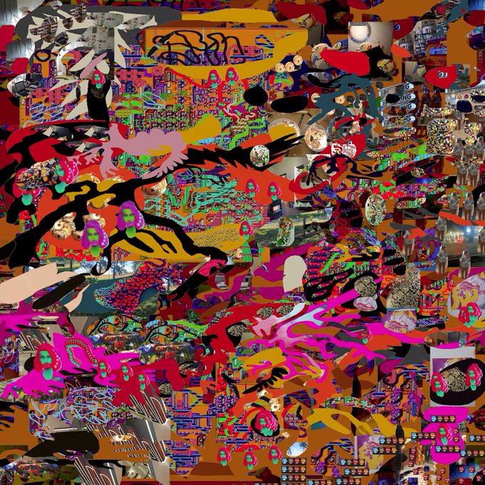 A chaotic, colorful abstract collage of overlapping images, faces, text fragments, and patterns in bright reds, yellows, and greens.