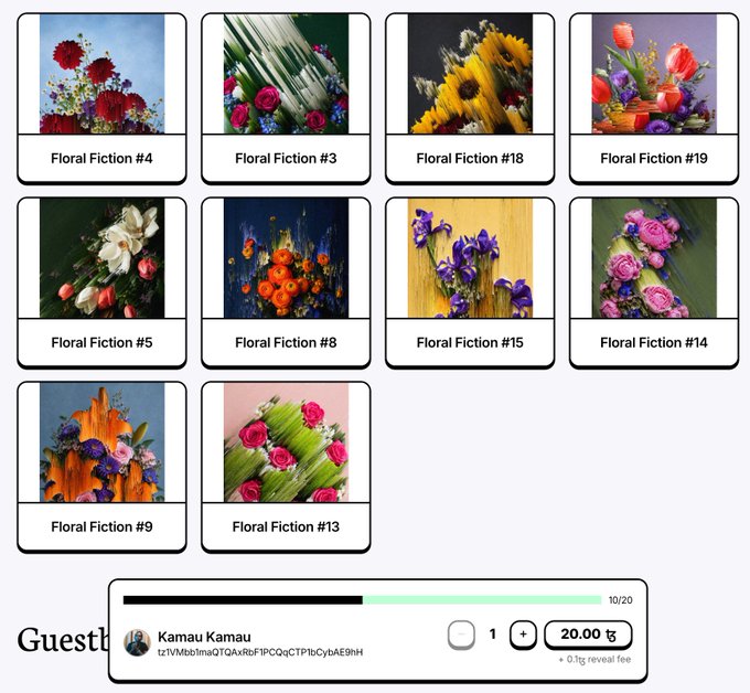 An NFT collection page displaying 10 floral artwork pieces titled 'Floral Fiction' with a checkout showing 20.00 payment to 'Kamau Kamau' for an item at 10/20 stock.