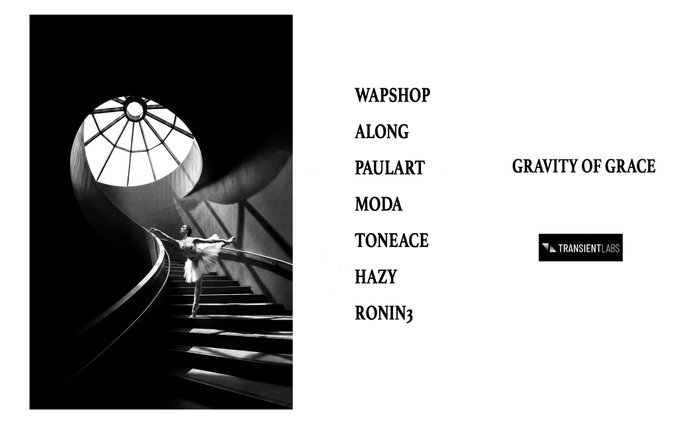 A black-and-white photo of a ballerina ascending a curved staircase toward a circular skylight, beside a list of brand names including WAPSHOP, ALONG, PAULART, GRAVITY OF GRACE, MODA, TONEACE, HAZY, and RONIN3, plus a 'TRANSIENTLABS' logo.