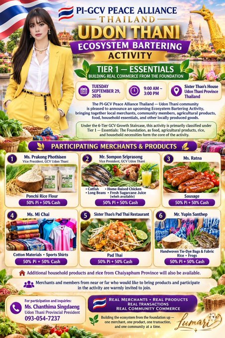 A promotional flyer for the 'Pi-GCV Peace Alliance Thailand' Udon Thani Ecosystem Bartering Activity on Tuesday, September 29, 2026, listing six participating merchants offering items like rice, catfish, and clothes in exchange for Pi + Cash.