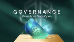 A banner announcing 'GOVERNANCE' with the subtitle 'Guardians Vote Open' displayed over a glowing blue geometric emblem.
