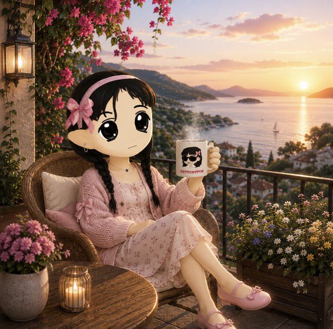 A cute anime-style girl with braided hair and a pink headband sits on a wicker chair on a balcony at sunrise, holding a steaming mug that reads "CRYPCRYPTO" with a small character illustration. The serene coastal view and warm morning light perfectly capture the peaceful "Good morning" vibe.