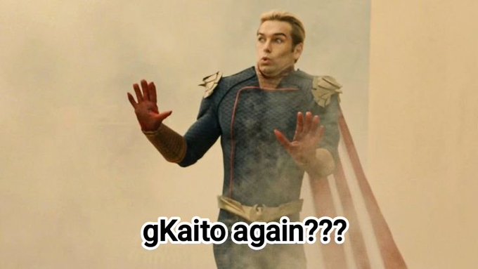 A man in a blue and red superhero costume with a cape stands with his hands raised and a stunned expression, accompanied by the text "gKaito again???" overlaying the bottom of the image.

The image humorously captures the post author's exasperated reaction to hearing about gKaito once more, using the superhero's shocked pose as a meme to express surprise or fatigue at the recurring mention of gKaito in the context of InfoFi developments.