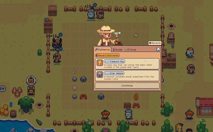 A screenshot from the game Stardew Valley showing a 'Reward: Patterns Discovered' pop-up describing a Treasure Key and Otter Pebble, with the player character in a cowboy hat standing in their farm.