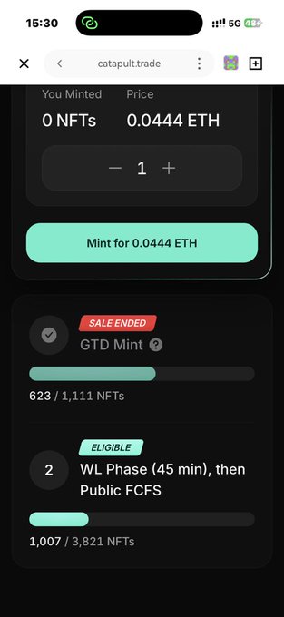A mobile screenshot of a 'catapulttrade' NFT minting page showing 0 NFTs minted at a price of 0.0444 ETH, with a 'GTD Mint' sale ended at 623/1,111 NFTs and an eligible 'WL Phase' at 1,007/3,821 NFTs.