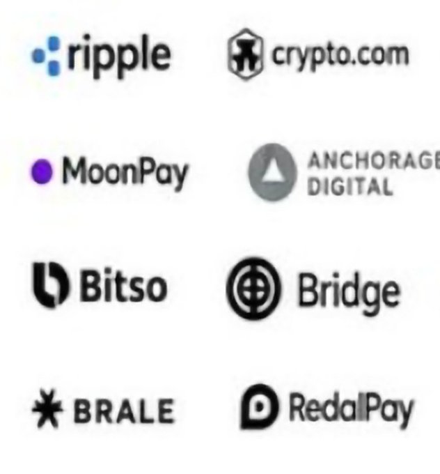 A grid displaying logos of cryptocurrency companies including Ripple, crypto.com, MoonPay, Anchorage Digital, Bitso, Bridge, BRALE, and RedalPay.