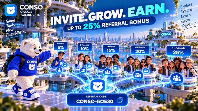 A promotional banner for 'CONSO AI USAGE REAL INSIGHTS' featuring a polar bear mascot in a blue hoodie, advertising 'INVITE. GROW. EARN. UP TO 25% REFERRAL BONUS' with a referral code 'CONSO-50E30'.