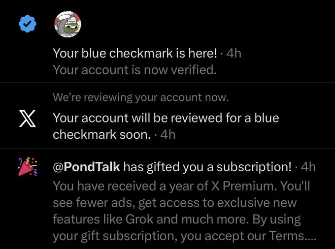 Twitter/X notifications showing a blue checkmark verification, an account review notice, and a gift of one year of X Premium from @PondTalk.