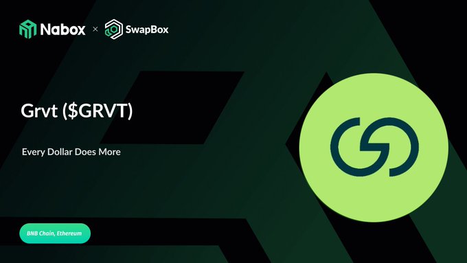 A promotional graphic for Grvt ($GRVT) by Nabox × SwapBox with the tagline "Every Dollar Does More," indicating it runs on BNB Chain and Ethereum, featuring a green interlocking logo.