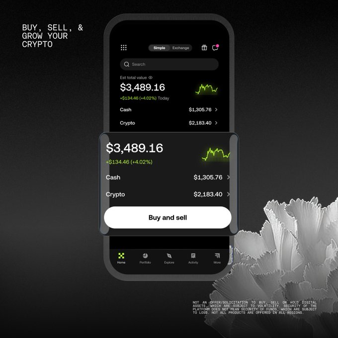 The image showcases a sleek mobile app interface for OKX, displaying a cryptocurrency portfolio with a total value of $3,489.16 (+$134.46, +4.02%), split between $1,305.76 in cash and $2,183.40 in crypto, alongside a "Buy and sell" button. The "Two modes. One app" tagline refers to the toggle between Simple and Exchange views shown at the top of the interface, highlighting OKX's versatile trading options.