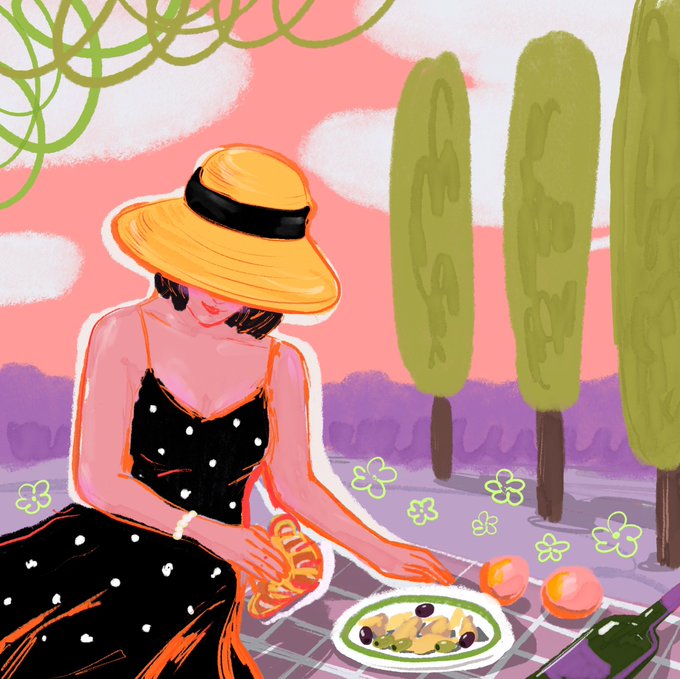 A digital illustration of a woman in a yellow sun hat and black polka-dot dress enjoying a picnic with olives and peaches in a pink-hued landscape.