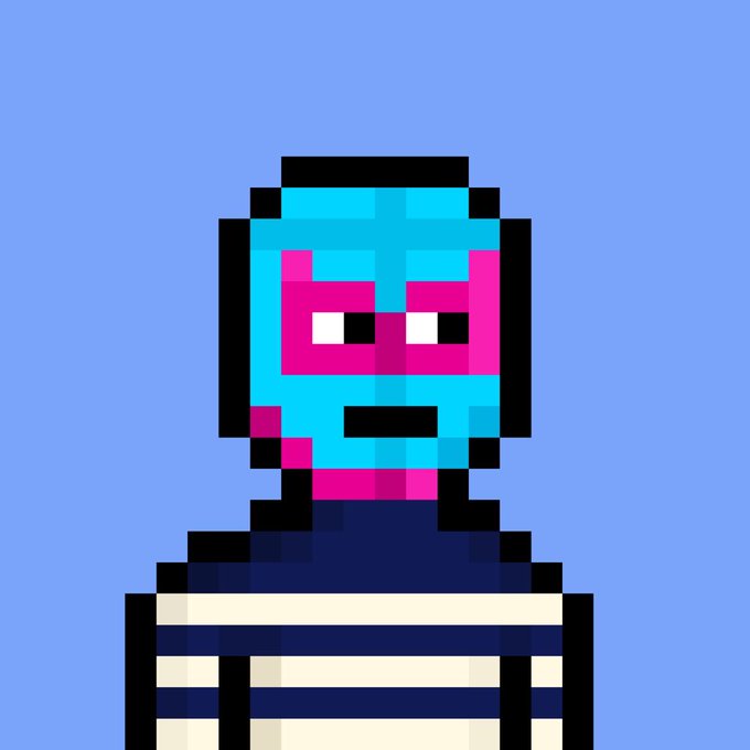 A pixel art character with a teal face, pink features, and striped shirt against a blue background.