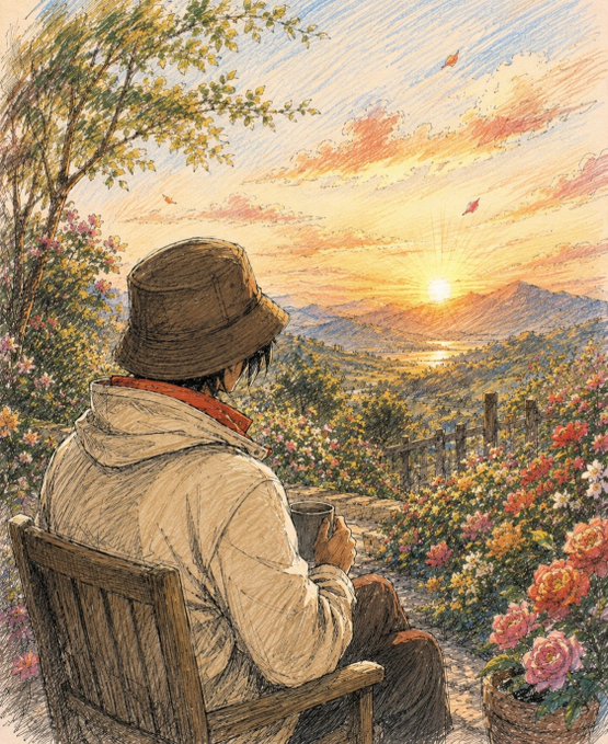 A colored pencil-style illustration of a person in a bucket hat and hoodie sitting on a wooden chair, holding a coffee mug while watching a sunset over a scenic landscape with mountains, flowers, and falling autumn leaves.