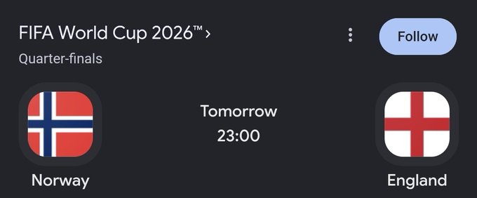 A FIFA World Cup 2026 Quarter-finals matchup card showing Norway vs England scheduled for tomorrow at 23:00, used as the visual reminder for a $2.000 giveaway prize to 5 people who correctly predict the exact score of the game.