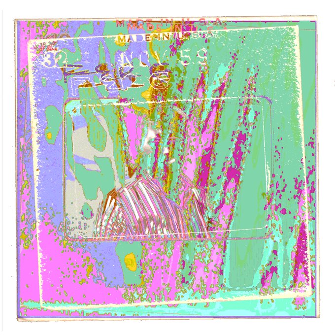 A glitched and distorted image with heavy pink, green, and yellow color artifacts over a 'MADE IN USA' stamped surface and the numbers '32' and '159'.