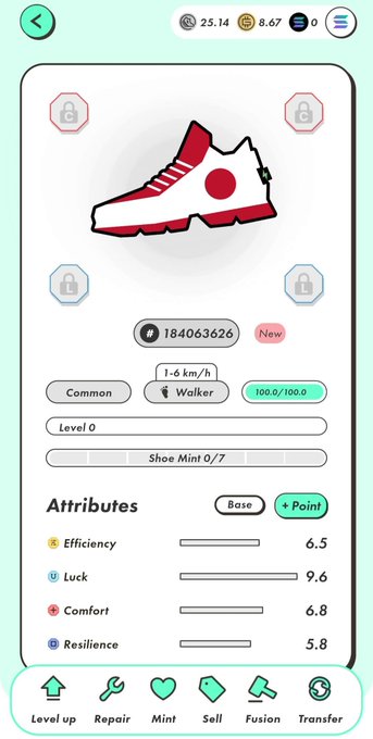 The image shows a white phone screen displaying an app called "Common Walker" with a red shoe as its main feature. The app has a rating of 6.8 stars, indicating that it is highly rated by users. The user's name appears in the bottom left corner and the app was released on June 2nd, 202d.