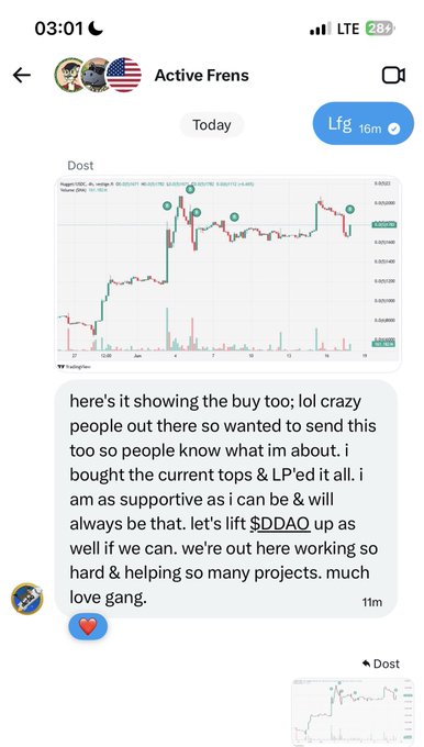 A screenshot of a text message conversation between two people who are discussing the content of a post about active frets, which seems to be related to cryptocurrency or a trading platform. The main idea being conveyed in the message is that character reveals itself through actions rather than rumors and it highlights the importance of supporting projects and communities actively.