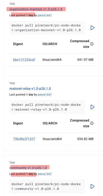 Docker Hub page showing three Pi Network Docker image tags (organization-mainnet-v1.0-p26.1.0, mainnet-relay-v1.0-p26.1.0, and community-v1.0-p26.1.0) all updated by user pierre1447, confirming the migration to Stellar Core v26.1.0.