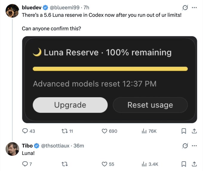 A Twitter post by @bluemi99 pointing out a 5.6 Luna reserve in Codex, with a screenshot showing 'Luna Reserve · 100% remaining' and buttons to 'Upgrade' or 'Reset usage'.