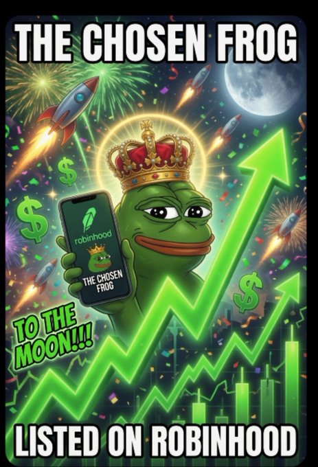A meme image featuring a crowned Pepe the Frog holding a Robinhood phone with text 'THE CHOSEN FROG', 'TO THE MOON!!!', and 'LISTED ON ROBINHOOD' against a background of rockets, fireworks, dollar signs, and green upward arrows.